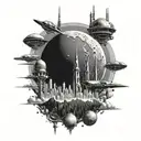 A Babylon 5 space station orbiting a planet with the skyline of Vermont in the background tattoo design idea