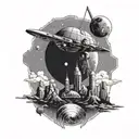 A Babylon 5 space station orbiting a planet with the skyline of Vermont in the background tattoo design idea