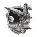 A Babylon 5 space station orbiting a planet with the skyline of Vermont in the background tattoo design idea
