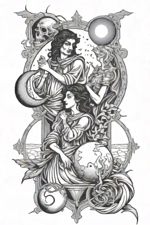 line drawing tarot cards: the lovers, the moon, death, and the emperor   tattoo design idea