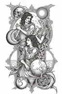 line drawing tarot cards: the lovers, the moon, death, and the emperor   tattoo design idea