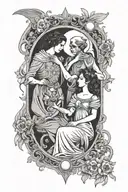 line drawing tarot cards: the lovers, the moon, death, and the emperor   tattoo design idea