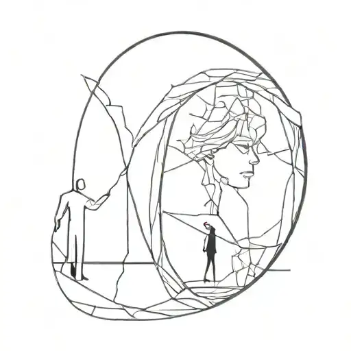A broken mirror reflecting a shadowy figure, symbolizing the feeling of being alone in a crowd tattoo design idea