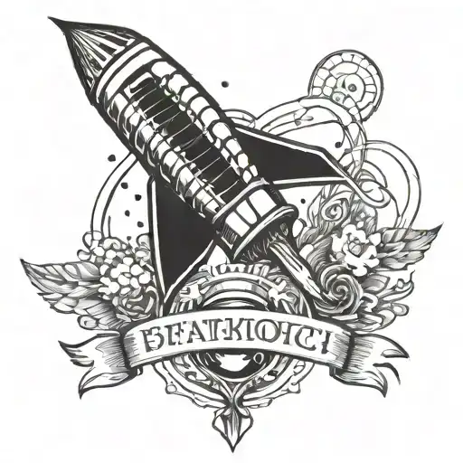 A tattoo depicting a badminton shuttlecock and rocket with a poetic quote about the magic of death intertwined tattoo design idea