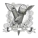 A tattoo depicting a badminton shuttlecock and rocket with a poetic quote about the magic of death intertwined tattoo design idea