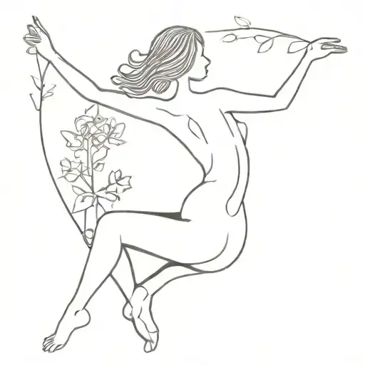 minimalist single line tattoo nude lady dancing around a garden tattoo design idea