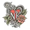 NK initial with broken heart tattoo design idea
