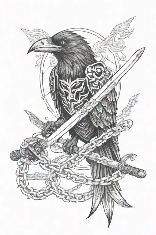 crow chain oni mask and katana tattoo design idea