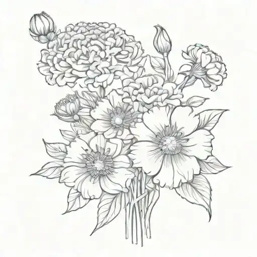 Birth flower bouquet fineline with carnation, violet, jonquil, chrysanthemum, flowers on long stems tattoo design idea