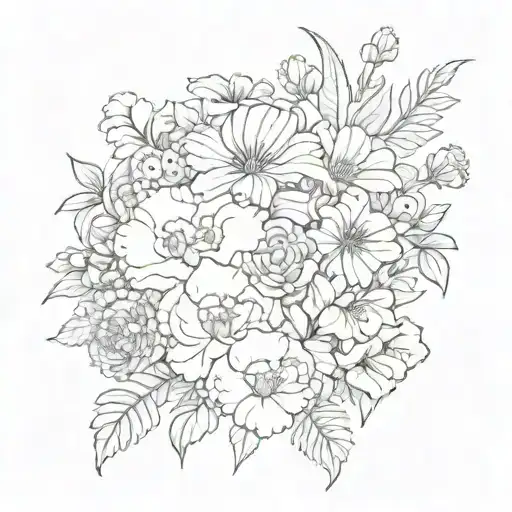 Birth flower bouquet fineline with carnation, violets, jonquils, chrysanthemum  tattoo design idea
