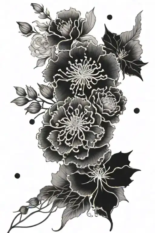 Birth Flower bouquet fine line with carnation, violets, jonquils, chrysanthemum  tattoo design idea
