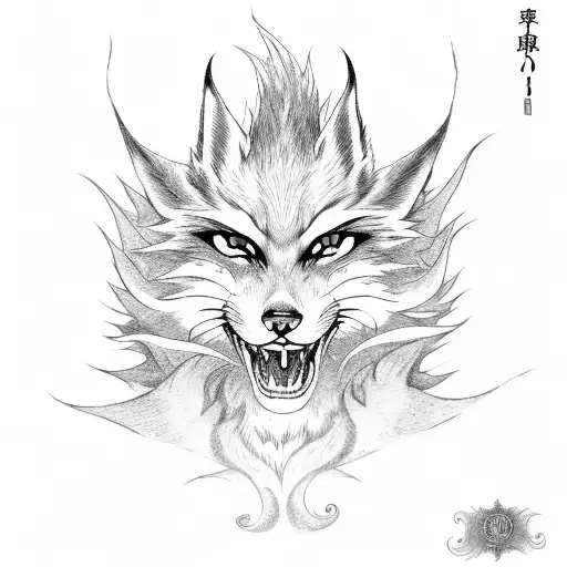 nine-tailed fox kurama with visible tails behind, angry face tattoo design idea