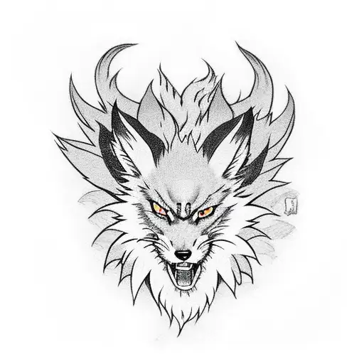 nine-tailed fox kurama with visible tails behind, angry face tattoo design idea