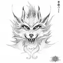 nine-tailed fox kurama with visible tails behind, angry face tattoo design idea