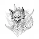 nine-tailed fox kurama with visible tails behind, angry face tattoo design idea
