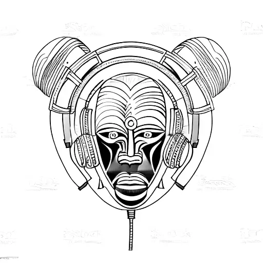 African mask with headphones on tattoo design idea
