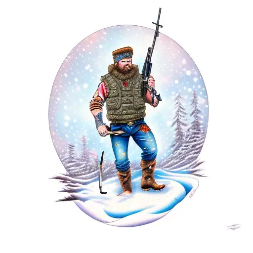 A hunter standing in a snowy landscape, holding a rifle with blue liquid flowing out of its barrel tattoo design idea