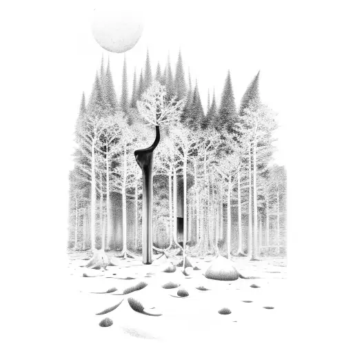 A chemical flask pouring blue liquid into a forest, transforming it into a surreal snowy wonderland tattoo design idea
