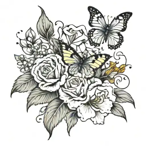 two roses, carnation, Lilly of the valley, poppy, daffodil, and honeysuckle with a butterfly  tattoo design idea