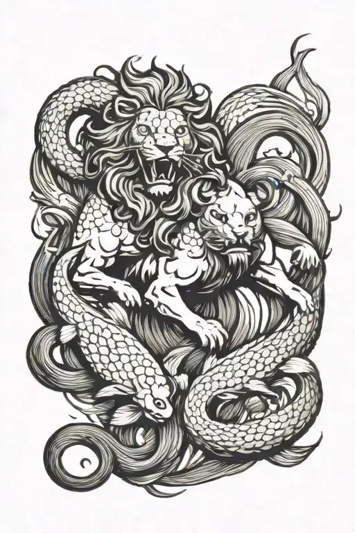 A fierce lion fighting a fierce ram surrounded by fish  tattoo design idea