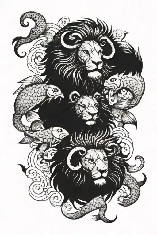 A fierce lion fighting a fierce ram surrounded by fish  tattoo design idea