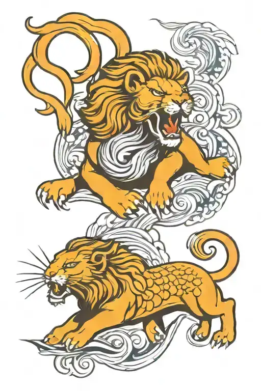 A fierce lion fighting a fierce ram surrounded by fish  tattoo design idea