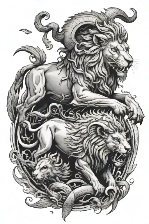 A fierce lion fighting a fierce ram surrounded by fish  tattoo design idea