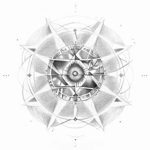 A mystical wind rose made of alchemical symbols, surrounded by floating eyes tattoo design idea