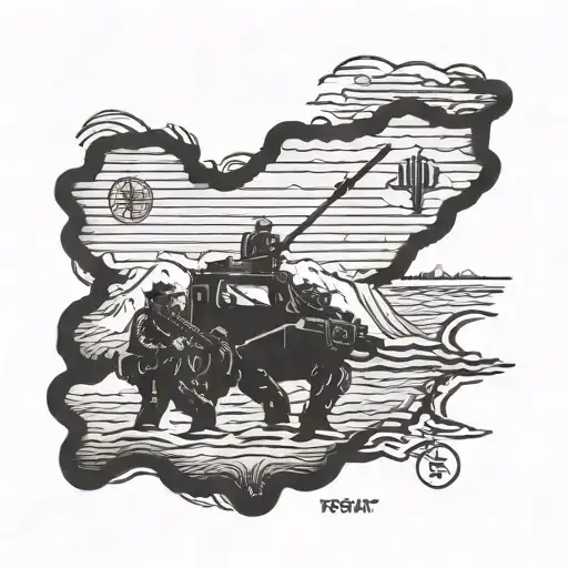 A blackwork tattoo of a swat team logo with a silhouette of the Mississippi coast in the background, combining your occupation with your favorite place tattoo design idea