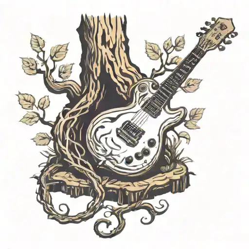 electric guitar integrated in a tree trunk symbolizing the connection tattoo design idea