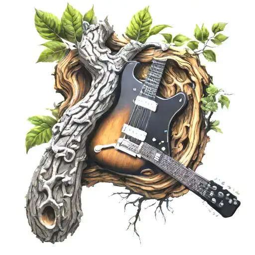 electric guitar integrated growing in a tree trunk tattoo design idea
