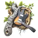 electric guitar integrated growing in a tree trunk tattoo design idea