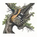 electric guitar integrated growing in a tree trunk tattoo design idea