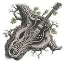 electric guitar integrated growing in a tree trunk tattoo design idea