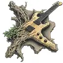 electric guitar integrated growing in a tree trunk tattoo design idea