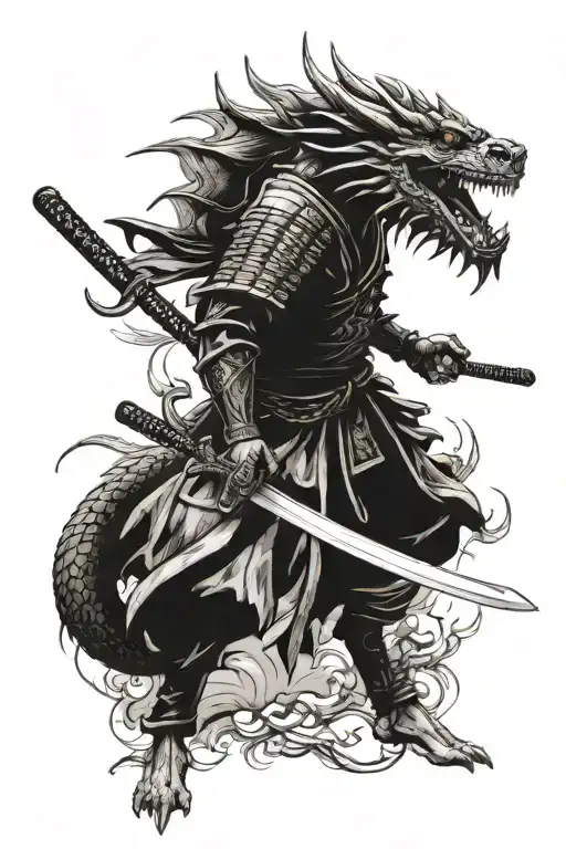 Samurai with katana and a dragon in the background tattoo design idea