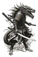 Samurai with katana and a dragon in the background tattoo design idea