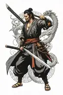 Samurai with katana and a dragon in the background tattoo design idea