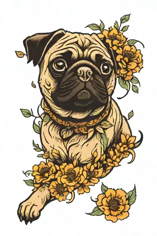 pug surrounded by marigold flowers tattoo design idea