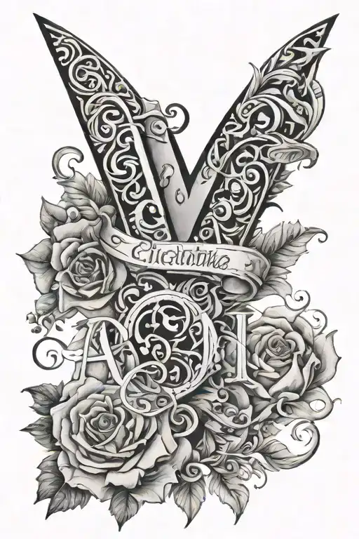 Names Sven, Christine, Abigail, Kimberly in a black & white initials conspicuous  tattoo design idea