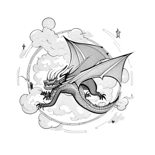 Dragon flying over line from planets tattoo design idea