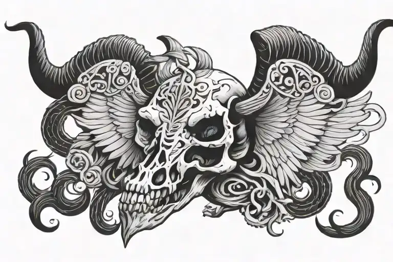 demonic goat skull with skeleton wings spread tattoo design idea