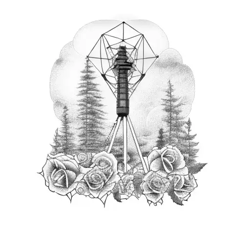 A radio tower surrounded by a forest of roses and wolves tattoo design idea