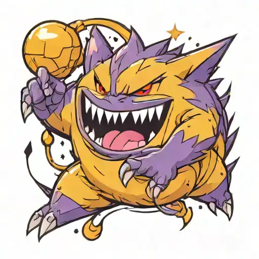 Pokemon Gengar is covered in purple energy, creates a ball of darkness tattoo design idea