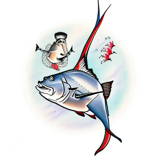 a drunk marlin with a 6 pack over its bill tattoo design idea