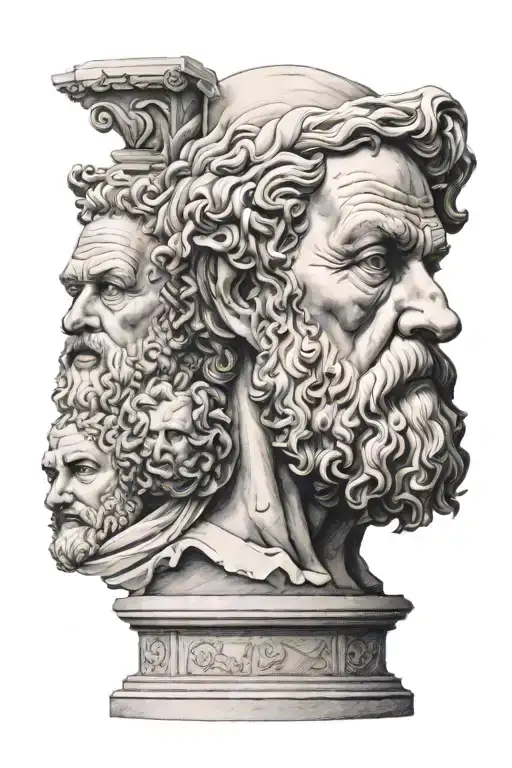 Create a tattoo design featuring a collage of ancient philosophers. At the center, have a detailed portrait of Socrates, tattoo design idea