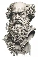 Create a tattoo design featuring a collage of ancient philosophers. At the center, have a detailed portrait of Socrates, tattoo design idea