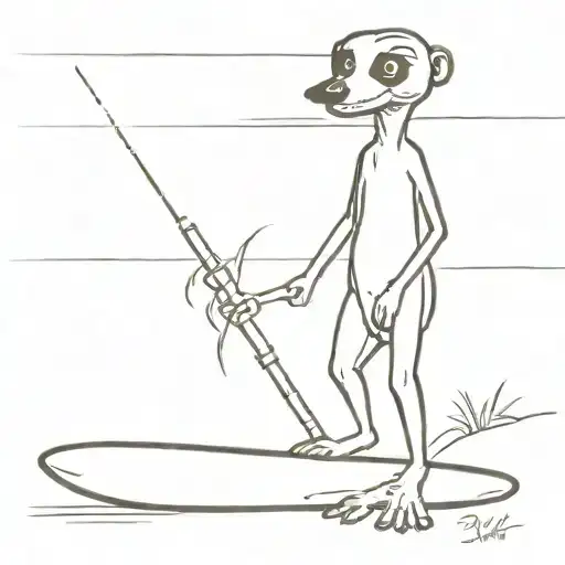 tall meerkat holding surfboard in arm tattoo design idea