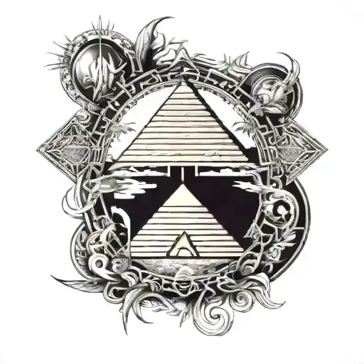 A full sleeve tattoo featuring a detailed pyramid with hieroglyphics and Egyptian symbols, surrounded by the Nile River tattoo design idea