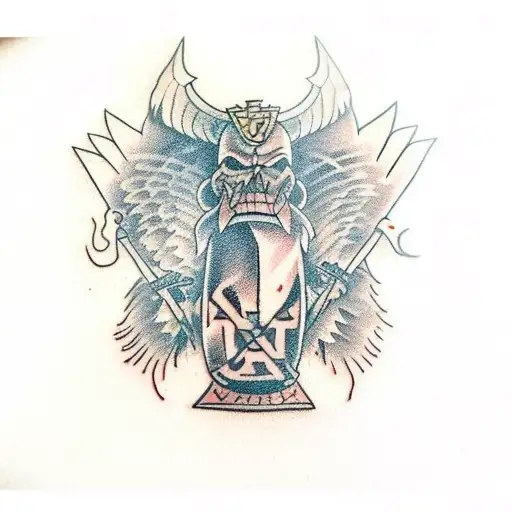 dwarven axe with tribal wings tattoo design idea